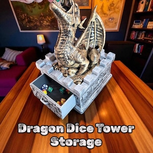 Dragon Vault Dice Tower | Hand Painted Gold Dragon Dice Roller | Castle Dice Tower with Hidden Drawer | RPG Tabletop DnD Gift