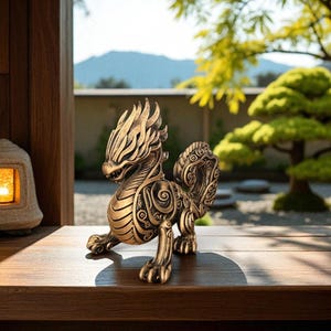 May include: A bronze-colored, mythical creature figurine with intricate details, including a dragon-like head and ornate tail. The statue is displayed on a wooden surface, with a blurred outdoor background featuring greenery and a stone lantern.