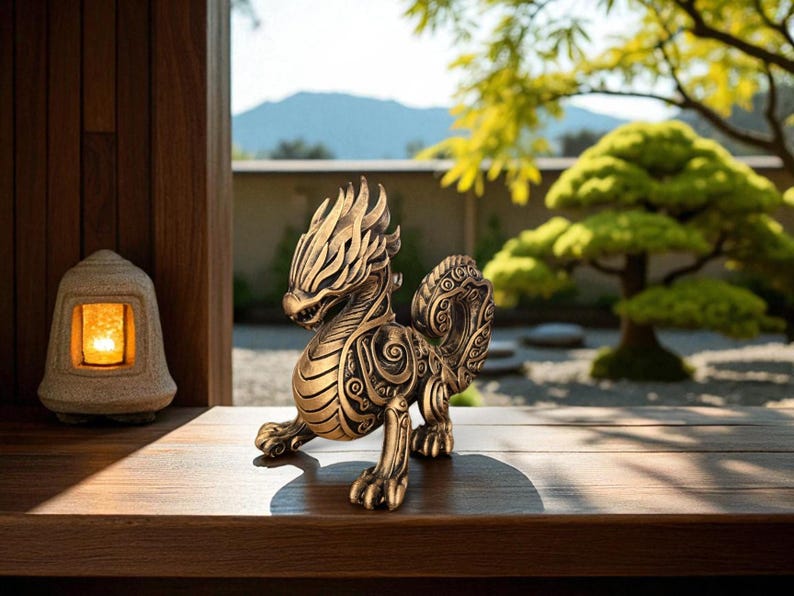 May include: A bronze-colored, mythical creature figurine with intricate details, including a dragon-like head and ornate tail. The statue is displayed on a wooden surface, with a blurred outdoor background featuring greenery and a stone lantern.