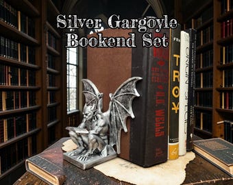Silver Gargoyle Bookend Set Gothic Fantasy Home Decor Shelf Statue