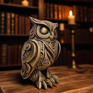 The Gilded Sentinel – 3D Printed Gold Owl Figurine | Mystical Statue, Fantasy Decor, Tabletop Familiar (6x4x4)
