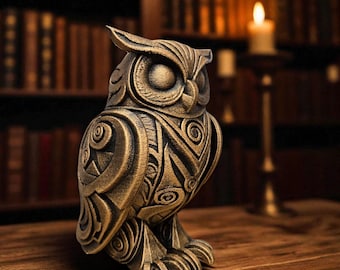 The Gilded Sentinel – 3D Printed Gold Owl Figurine | Mystical Statue, Fantasy Decor, Tabletop Familiar (6x4x4)