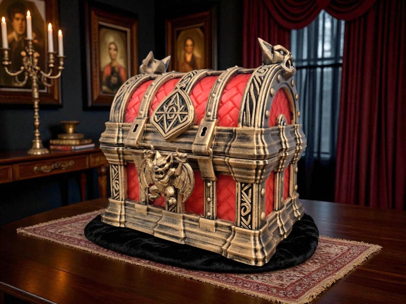 May include: A decorative chest with a red quilted interior and ornate gold and bronze accents. The chest features gargoyle and geometric designs, with a hinged lid and a central lock. The chest is placed on a patterned rug.