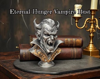 Busto de Vampiro da Fome Eterna: Decoração Gótica Prateada com Detalhes Dourados