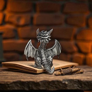 Puede incluir: Una detallada figura de drag&oacute;n plateado con alas extendidas, posada sobre un libro abierto. El drag&oacute;n est&aacute; intrincadamente esculpido, mostrando escamas y alas texturizadas. La escena est&aacute; ambientada sobre una superficie de madera con un fondo de ladrillo y velas encendidas.