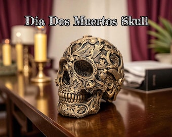 Handpainted Golden Calavera Skull Decor Gothic Day Dead Figurine Halloween Altar Art Gift