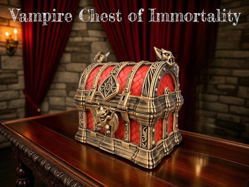 May include: A decorative chest with the text "Vampire Chest of Immortality." The chest has a red interior and is trimmed with gold-colored metal. The chest is sitting on a dark wooden table.
