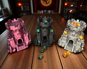Wieża do gry w kości z zamku drukowana w 3D: gra RPG z kostkami i spiralnymi schodami