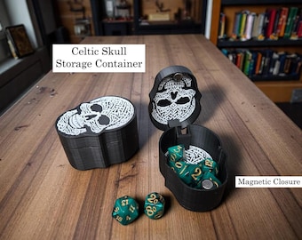 Boîte tête de mort celtique imprimée en 3D : rangement gothique pour dés et bibelots