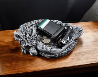 Dragon Coin Key Holder Dish 9 Inch – Feather Design Decorative Tray for Home and Entryway Organizer, Unique Jewelry and Trinket Catchall