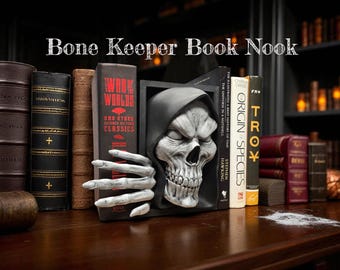 Magere Hein Book Nook: handgeschilderde schedel, gotisch boekenplankinzetstuk