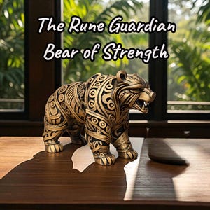 May include: A detailed, golden-colored bear figurine with intricate patterns and the text "The Rune Guardian Bear of Strength." The bear is posed on a wooden surface, with a window and greenery in the background.