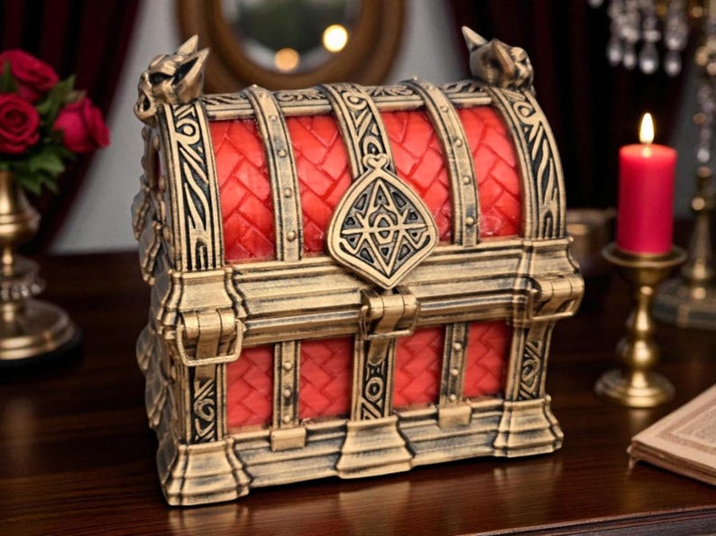 May include: A decorative treasure chest with a red interior and gold-colored accents. The chest features intricate detailing, including ornate carvings and a decorative clasp. The top of the chest has a series of arched supports. The chest is sitting on a wooden surface.