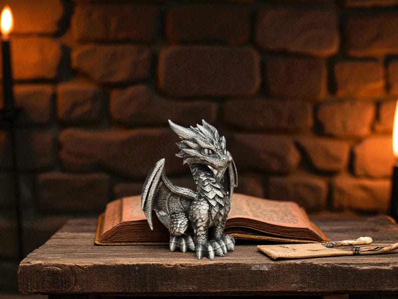 Puede incluir: Una figura de drag&oacute;n plateado con escamas y alas detalladas se encuentra sobre un libro abierto en una mesa de madera. El drag&oacute;n es el punto focal, con un tema de fantas&iacute;a medieval. El fondo presenta una pared de ladrillo y luz de velas.