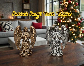 Arcane Angel Tree Topper • 3D Printed Fantasy Holiday Statue • Hand-Painted Gold or Silver Finish