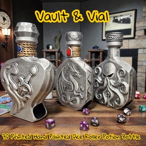 May include: Three silver-colored, hand-painted dice roller potion bottles with intricate designs, including a sword, dragon, and octopus. The bottles have rope accents and are labeled "Vault & Vial" and "3D Printed Hand Painted Dice Roller Potion Bottle". Dice are scattered on a wooden table.