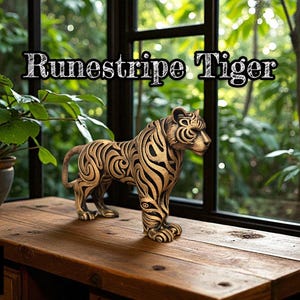 Op de afbeelding: Een gouden tijgerbeeldje met gedetailleerde wervelpatronen. De tekst "Runestripe Tiger" staat boven het beeldje. De tijger wordt tentoongesteld op een houten oppervlak bij een raam met groen op de achtergrond.