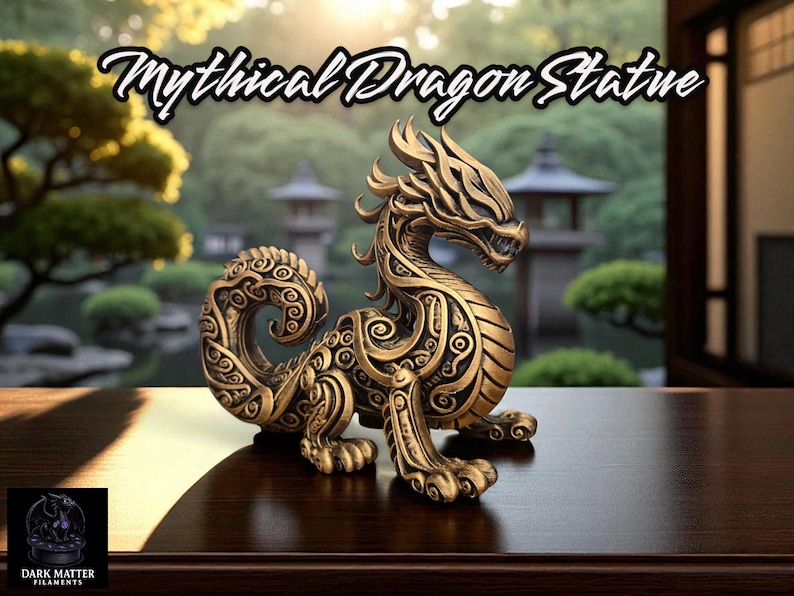 May include: A detailed, golden-colored dragon statue with intricate patterns and a stylized design. The statue is displayed on a dark wooden surface, with the text "Mythical Dragon Statue" above it. The background features a blurred outdoor scene.