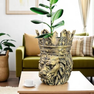 Crowned Lion Planter – Hand Painted Gold Lion Head Pot with Drain Holes | Regal Gothic Decor