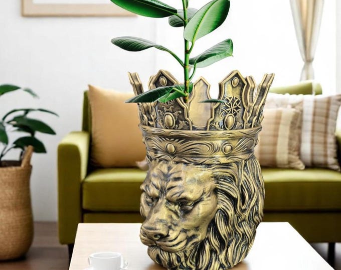 Crowned Lion Planter: Hand-Painted Gold Gothic Decor