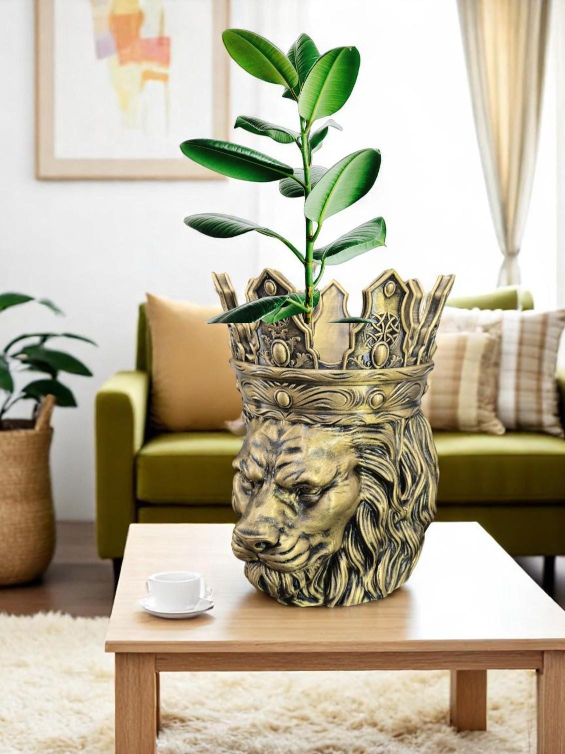 Crowned Lion Planter – Hand Painted Gold Lion Head Pot with Drain Holes | Regal Gothic Decor