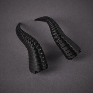 May include: Two black, 3D printed horns. The horns are curved and have a textured surface.