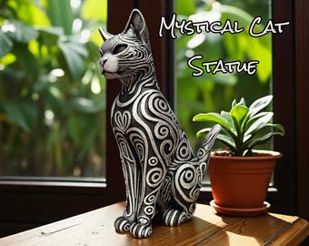Estatua de gato rúnico de plata pintada a mano – Decoración felina arcana (23,5 x 10,1 x 15,2 cm)