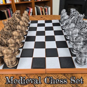 May include: A chess set with a black and white checkered board and two sets of pieces. One set is bronze-colored and the other is silver-colored, both featuring detailed medieval-style figures. The text Medieval Chess Set is visible.
