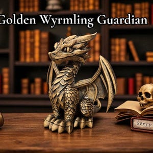 Gouden Wyrmling beschermend draakstandbeeld – fantasiehuis en tafeldecoratie