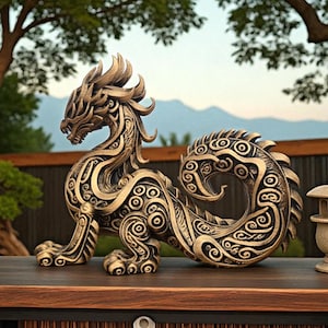 May include: A detailed bronze-colored dragon sculpture with intricate patterns and a stylized design. The dragon is posed on a wooden surface, with a small stone lantern to its right. The background features a garden setting with trees and mountains.