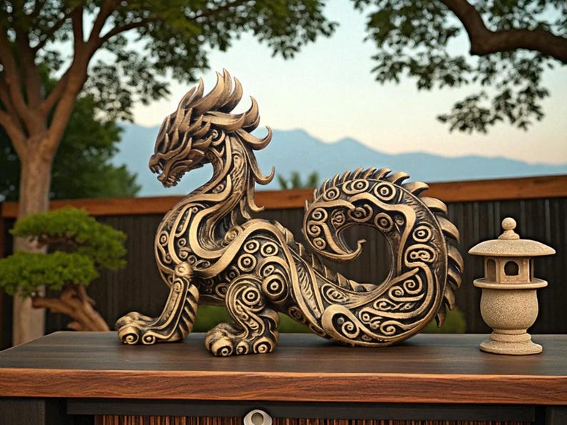 May include: A detailed bronze-colored dragon sculpture with intricate patterns and a stylized design. The dragon is posed on a wooden surface, with a small stone lantern to its right. The background features a garden setting with trees and mountains.