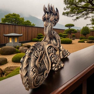May include: Bronze-colored sculpture of a stylized creature with intricate details, resting on a dark wooden surface. The sculpture's design features patterns and textures. The background shows a Japanese garden with a stone lantern, gravel, and manicured shrubs.
