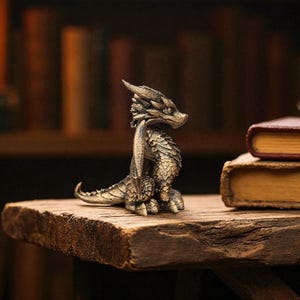 Puede incluir: Una detallada figura de drag&oacute;n de color bronce con escamas y alas texturizadas, posada sobre una superficie de madera r&uacute;stica. El drag&oacute;n est&aacute; cerca de dos libros antiguos con cubiertas rojas y beige. El fondo presenta una estanter&iacute;a borrosa y una luz c&aacute;lida y suave.