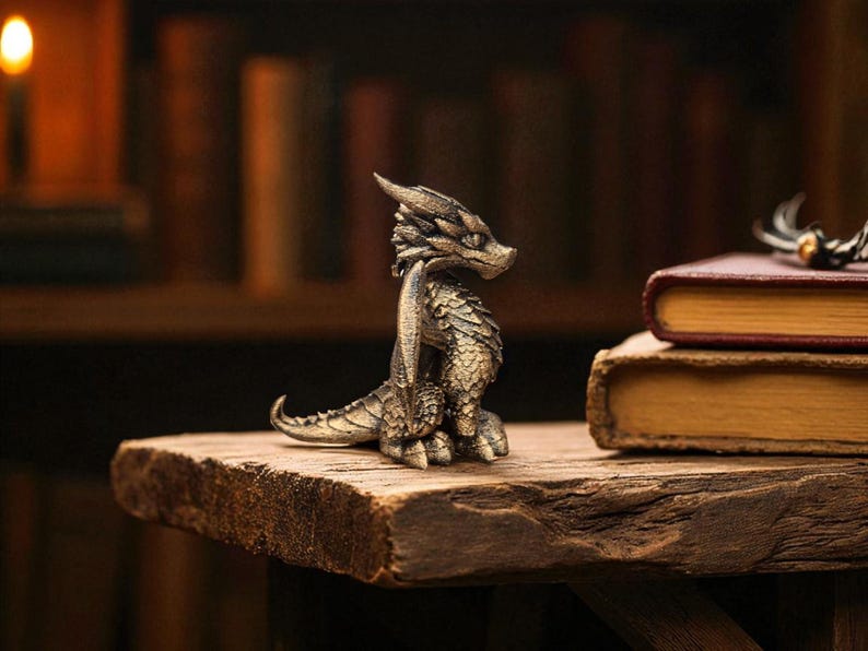 Puede incluir: Una detallada figura de drag&oacute;n de color bronce con escamas y alas texturizadas, posada sobre una superficie de madera r&uacute;stica. El drag&oacute;n est&aacute; cerca de dos libros antiguos con cubiertas rojas y beige. El fondo presenta una estanter&iacute;a borrosa y una luz c&aacute;lida y suave.