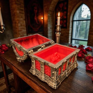 May include: An open, antique-style box with a red velvet interior sits on a wooden table, surrounded by red roses. The box has ornate metal detailing and a hinged lid. Lit candles and a candelabra are in the background.