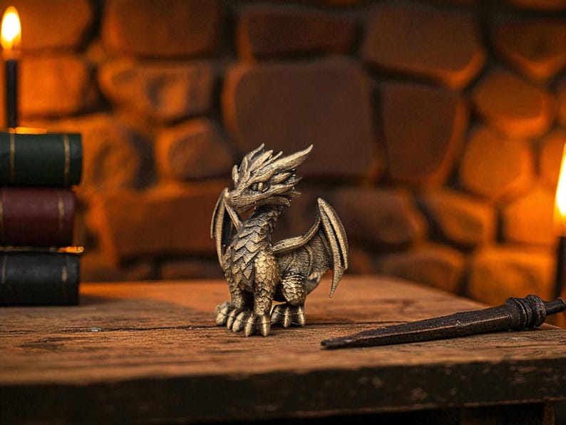 Puede incluir: Una detallada figura de drag&oacute;n de color bronce con escamas, alas y cuernos intrincados. El drag&oacute;n est&aacute; posado sobre una superficie de madera, con un fondo oscuro iluminado por velas. Una varita decorativa se encuentra cerca.