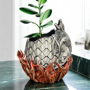 May include: A silver dragon planter with a green plant inside. The dragon is emerging from a cracked egg with flames at the base.