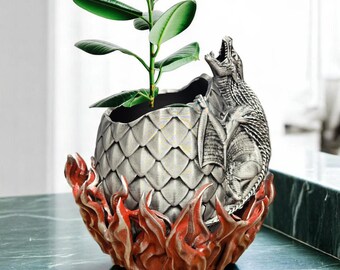Dragon Egg Planter – 3D Printed Fantasy Pot with Silver Dragon and Red Flame Base | 9.5" Tall