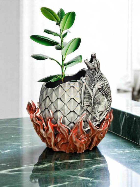 3D Printed Dragon Egg Planter: Silver Dragon & Red Flame Base - Etsy