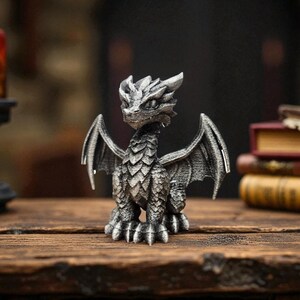 Puede incluir: Figura de drag&oacute;n plateado con escamas y alas detalladas. El drag&oacute;n est&aacute; posado sobre una superficie de madera, con una vela encendida y libros al fondo. La figura mide aproximadamente 13 cm de altura.