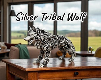 Large Silver Tribal Wolf Statue: 3D Printed Fantasy Decor
