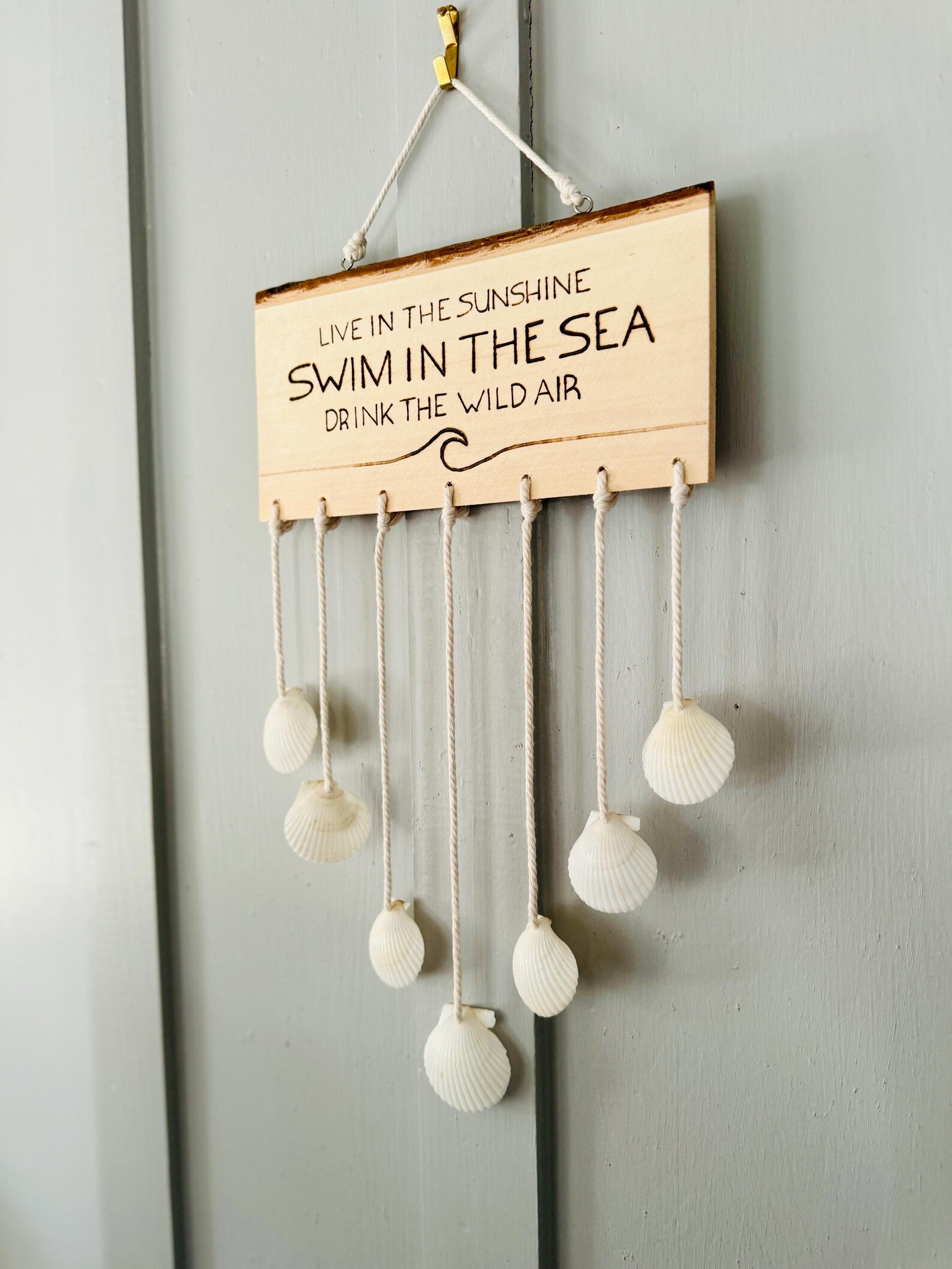 Sea Shell Pyrography Swin in the Sea Hand Burned Basswood Hanging Sign With Sea Shells ...