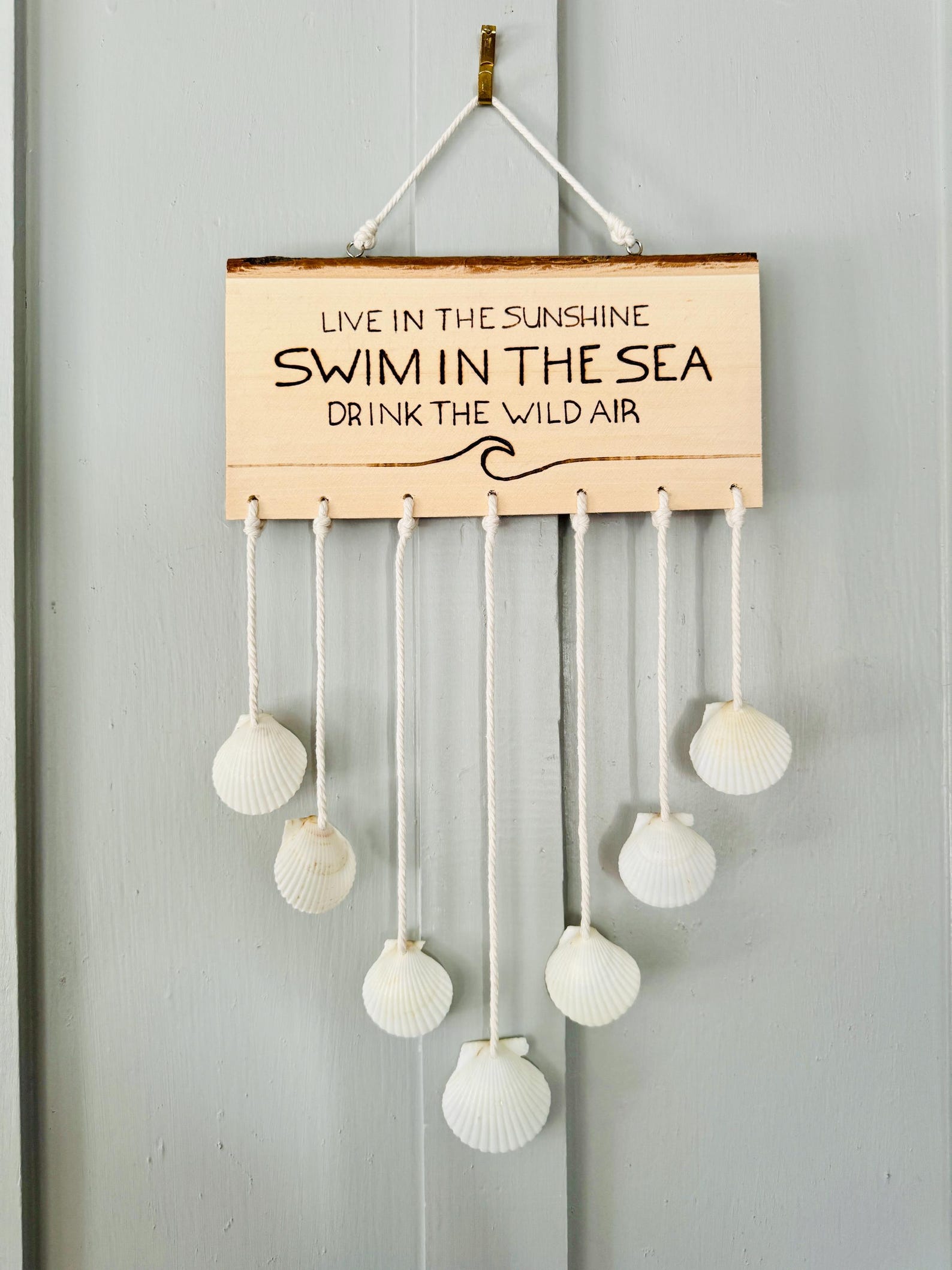 Sea Shell Pyrography Swin in the Sea Hand Burned Basswood Hanging Sign With Sea Shells ...