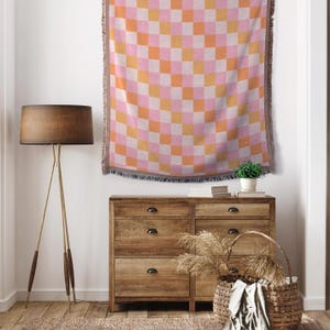 Orange Sherbet Checkered Cotton Woven Blanket, Pastel Throw Blanket, Nursery Decor, Dorm room blanket, Picnic Blanket