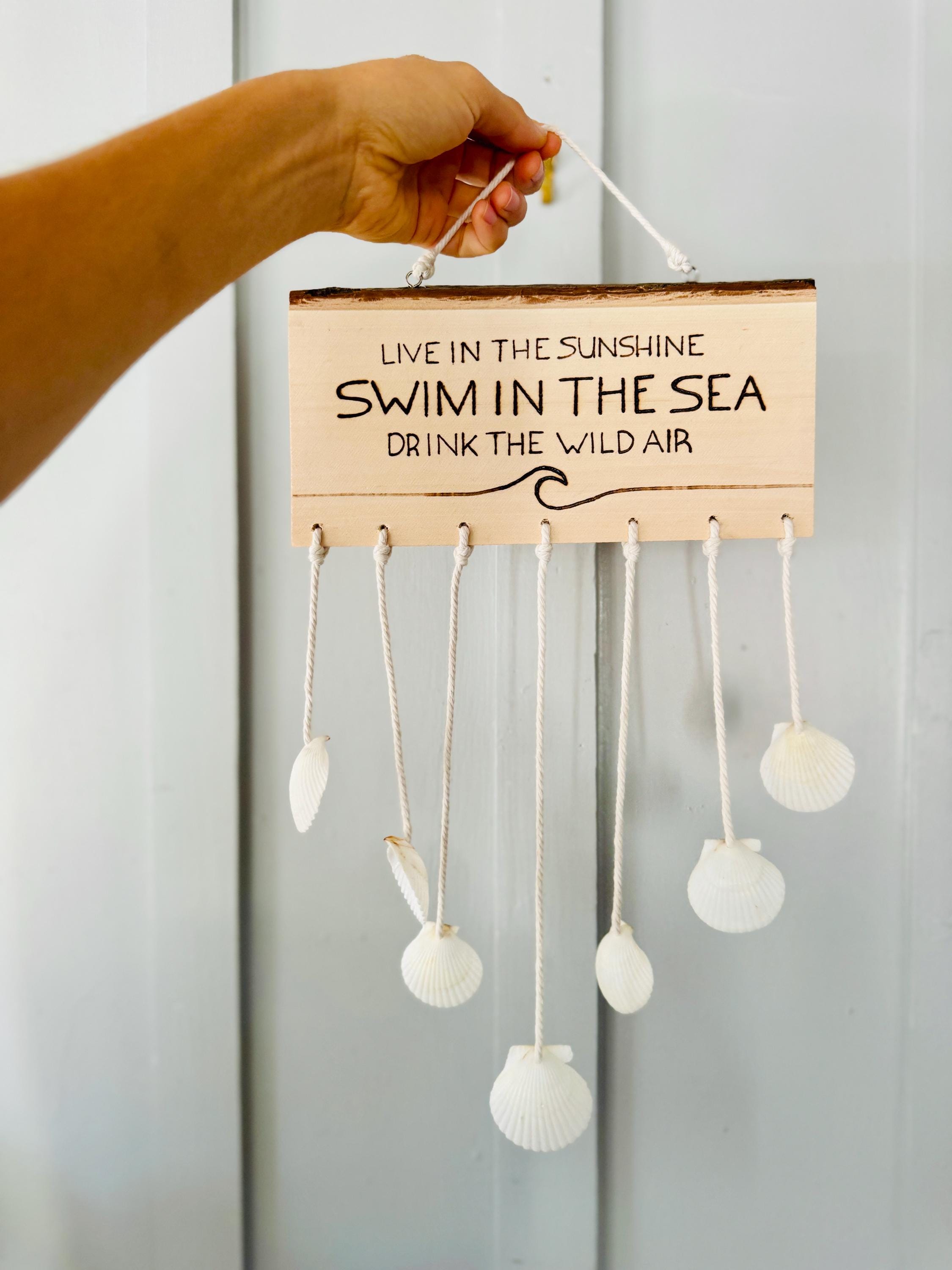 Sea Shell Pyrography Swin in the Sea Hand Burned Basswood Hanging Sign With Sea Shells ...