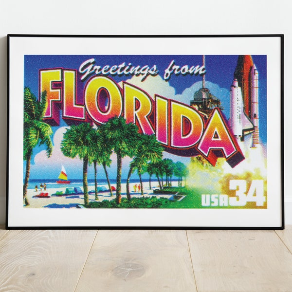 Bienvenue en Floride | USA | Impression de timbres-poste | Art mural esthétique | Poster mural timbres-poste | Impression poster vintage