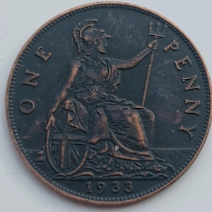 1933 George V Penny coin, British copper coin, Restrike