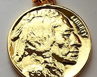 1916 Buffalo Nickel, Gold Plated Coin Necklace Pendant, United States coin restrike.