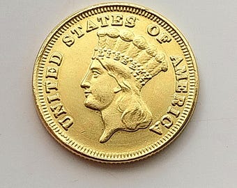 1875 Indian Head 3 Dollar, Gold Plated Restrike.