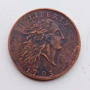 1793 Fließendes Haar Cent Muster Münze, 1C, Kupfermünze aus der Kolonialzeit, USA, Restrikke.